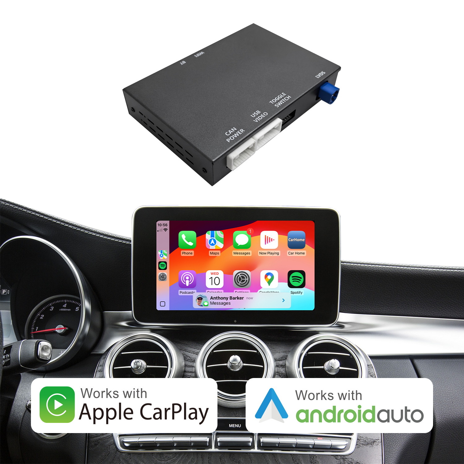 Wireless CarPlay Retrofit Kit for Mercedes Benz A/CLA/GLA/B/C/E/G/SL/V Class (2014–2019) with NTG5.0 System, Plug & Play Decoder Supports Android Auto, Mirror Link & OEM Cameras